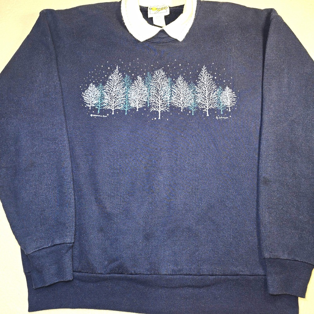 Vtg 90s Morning Sun Collared Sweatshirt L Winter Trees Cottagecore Grandma Chic.
